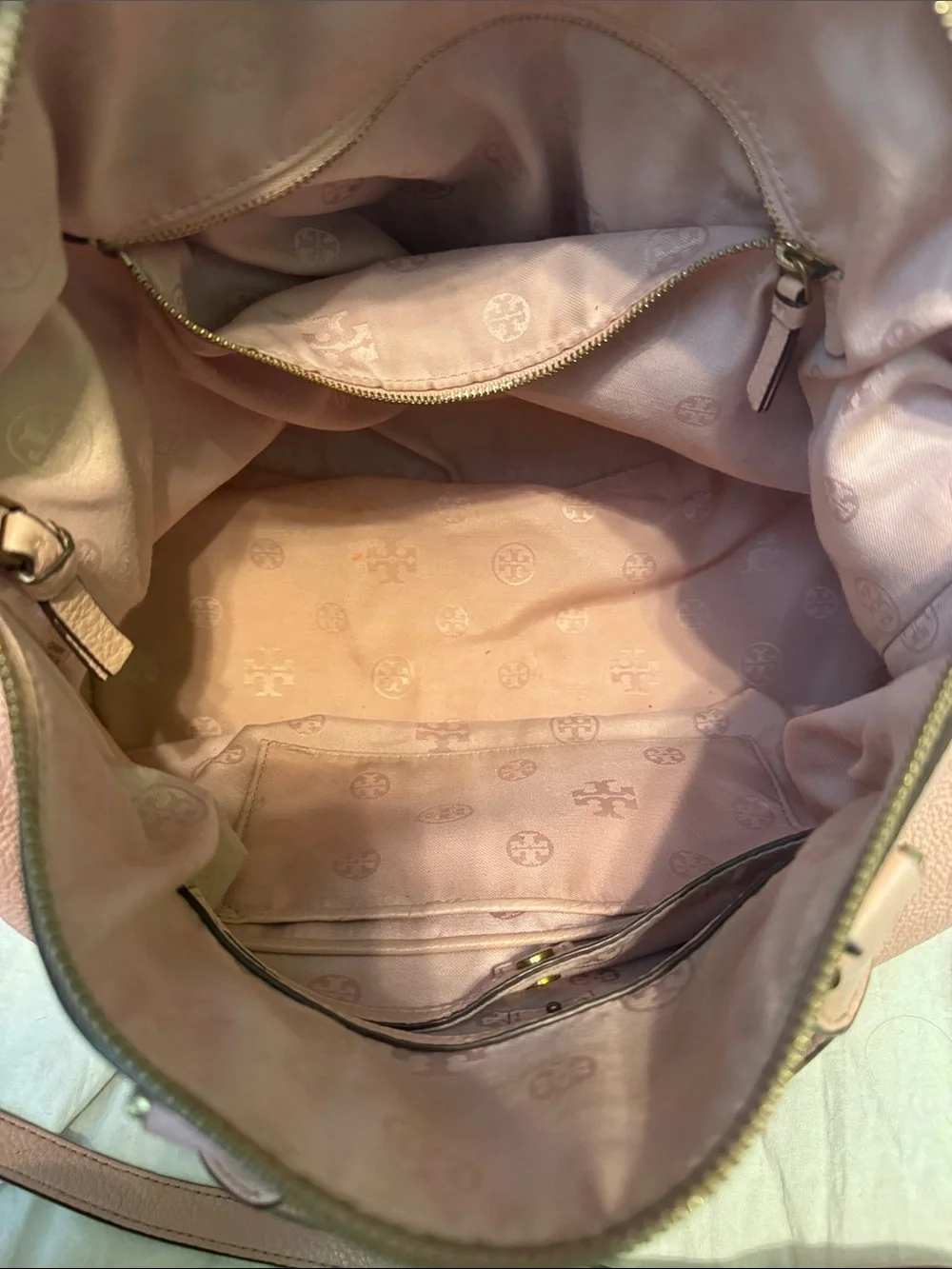 Tory Burch Blush Pink Pebbled Leather Satchel with Crossbody Strap